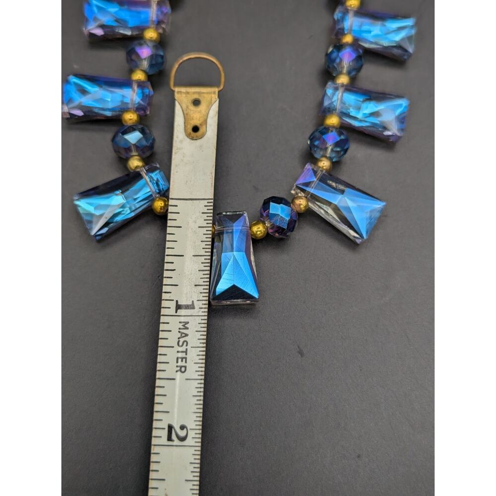 Gold Tone Crystal Aurora Borealis Statement Necklace Blue Purple Iridescent Read - Picture 11 of 12